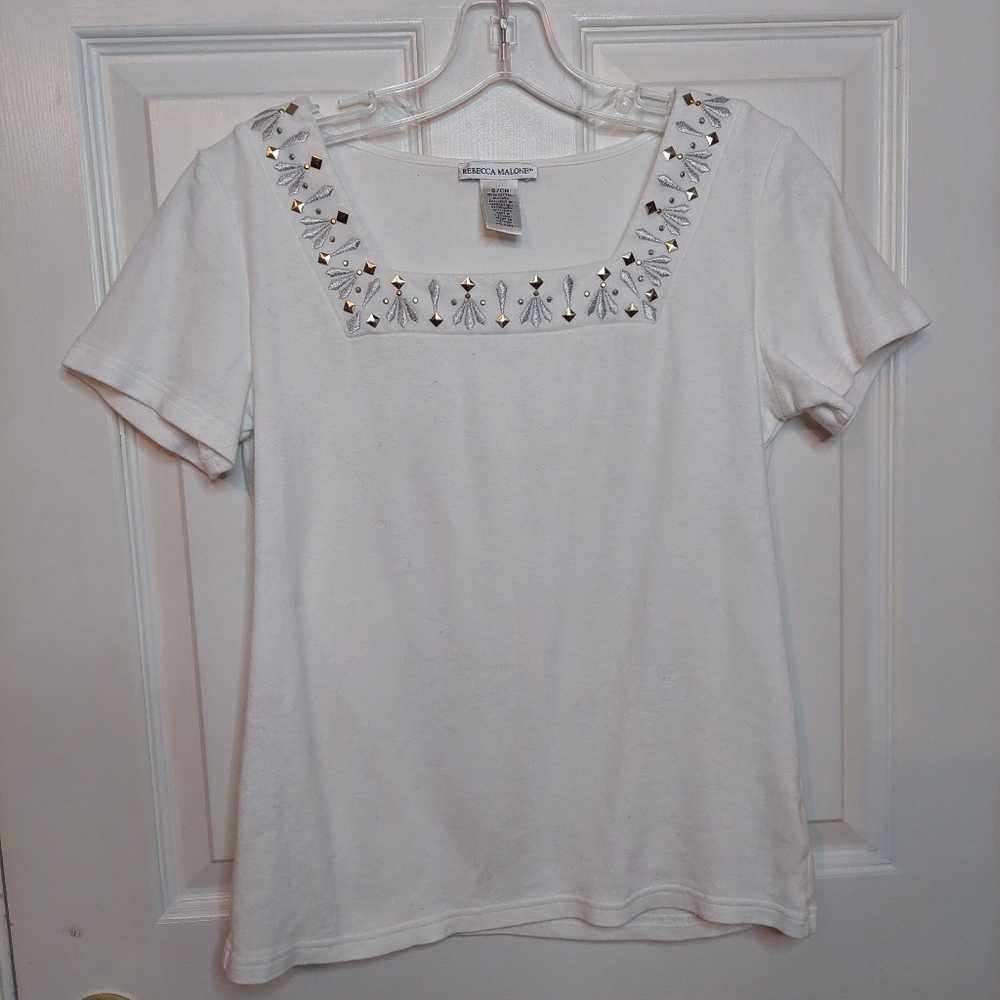 Rebecca Malone White Studded Embroidered Square Neckline Short Sleeve Top Size S